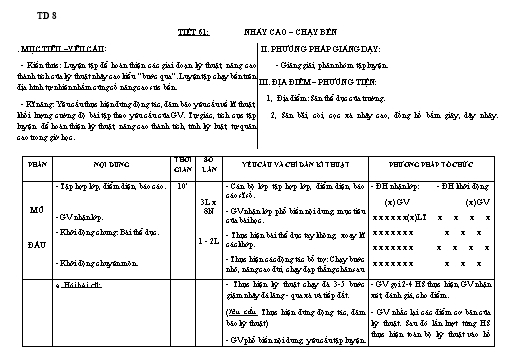 Kế hoạch bài dạy Giáo dục thể chất 8 - Tiết 61+62, Bài: Nhảy cao-chạy bền - Năm học 2022-2023 - Trường THCS Trần Kim Xuyến
