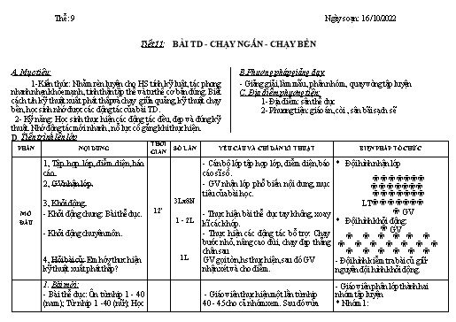 Kế hoạch bài dạy Giáo dục thể chất 9 - Tiết 11+12 - Năm học 2022-2023 - Trường THCS Trần Kim Xuyến