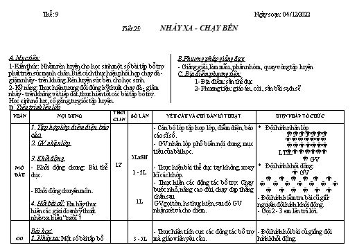 Kế hoạch bài dạy Giáo dục thể chất 9 - Tiết 25+26, Bài: Nhảy xa-chạy bền - Năm học 2022-2023 - Trường THCS Trần Kim Xuyến