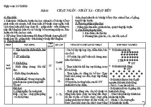 Kế hoạch bài dạy Giáo dục thể chất 9 - Tiết 31+32, Bài: Nhảy xa-chạy bền - Năm học 2022-2023 - Trường THCS Trần Kim Xuyến