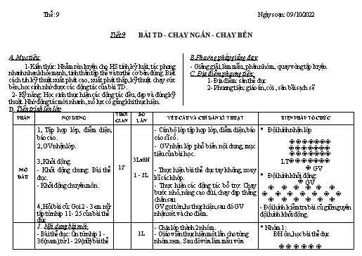 Kế hoạch bài dạy Giáo dục thể chất - Tiết 9+10 - Năm học 2022-2023 - Trường THCS Trần Kim Xuyến