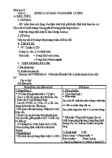 Kế hoạch bài dạy Hóa học 8 - Tiết 21: Định luật bảo toàn khối lượng - Năm học 2022-2023 - Trường THCS Trần Kim Xuyến