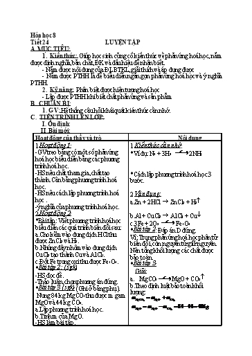 Kế hoạch bài dạy Hóa học 8 - Tiết 24: Luyện tập - Năm học 2022-2023 - Trường THCS Trần Kim Xuyến