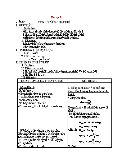 Kế hoạch bài dạy Hóa học 8 - Tiết 29: Tỷ khối của chất khí - Năm học 2022-2023 - Trường THCS Trần Kim Xuyến