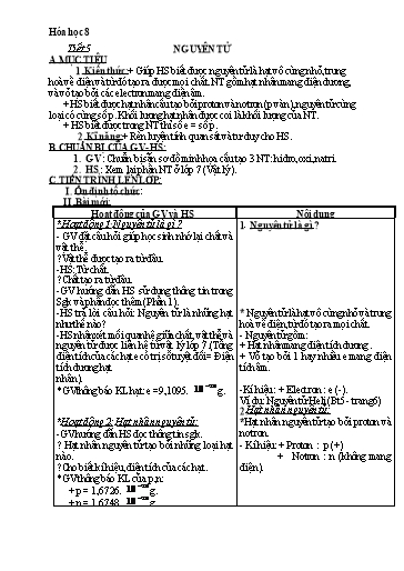 Kế hoạch bài dạy Hóa học 8 - Tiết 5; Nguyên tử - Năm học 2022-2023 - Trường THCS Trần Kim Xuyến