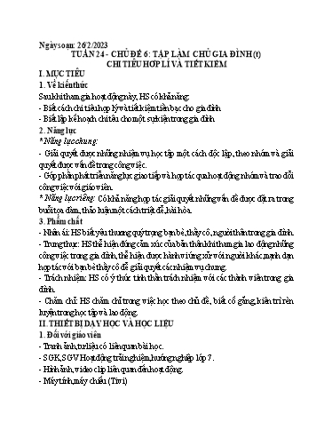 Kế hoạch bài dạy Hoạt động trải nghiệm 7 - Chủ đề 6: Tập làm chủ gia đình. Chi tiêu hợp lí và tiết kiệm - Năm học 2022-2023 - Trường THCS Trần Kim Xuyến