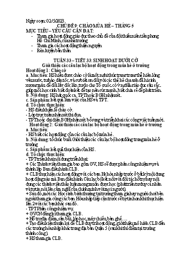 Kế hoạch bài dạy Hoạt động trải nghiệm 7 - Chủ đề: Chào mùa hè - Tháng 5 - Năm học 2022-2023 - Trường THCS Trần Kim Xuyến