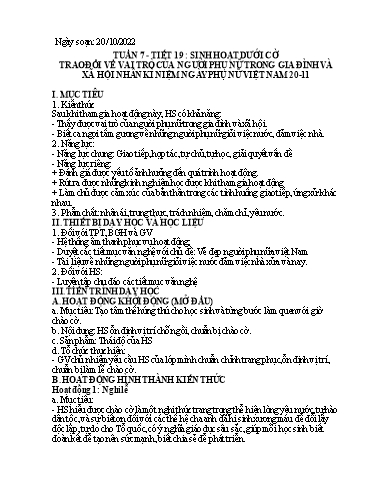 Kế hoạch bài dạy Hoạt động trải nghiệm 7 - Tuần 7, Tiết 19: Sinh hoạt dưới cờ trao đổi về vai trò của người trong gia đình và xã hội nhân kỉ niệm ngày phụ nữ Việt Nam 20-11 - Năm học 2022-2023 - Nguyễn Quỳnh Chi