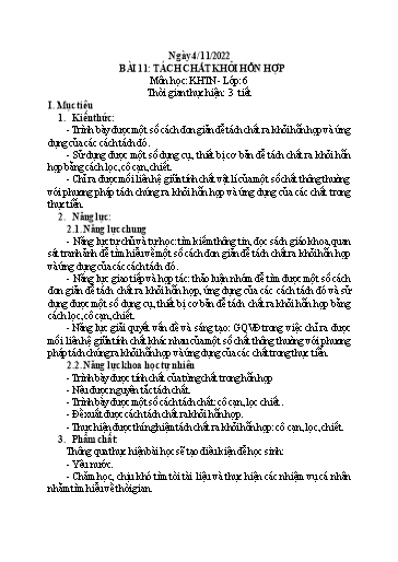 Kế hoạch bài dạy Khoa học tự nhiên 6 - Bài 11: Tách chất khỏi hỗn hợp - Năm học 2022-2023 - Trường THCS Trần Kim Xuyến