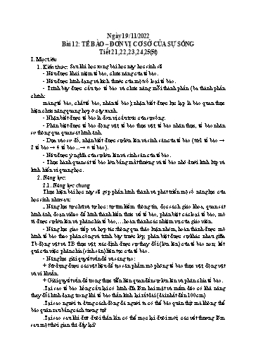 Kế hoạch bài dạy Khoa học tự nhiên 6 - Bài 12: Tế bào-Đơn vị cơ sở của sự sống - Năm học 2022-2023 - Trường THCS Trần Kim Xuyến