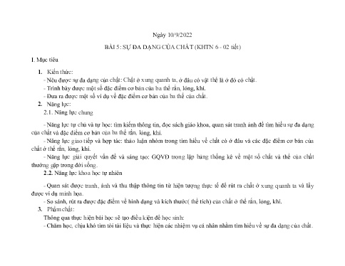 Kế hoạch bài dạy Khoa học tự nhiên 6 - Bài 5: Sự đa dạng của chất - Năm học 2022-2023 - Trường THCS Trần Kim Xuyến