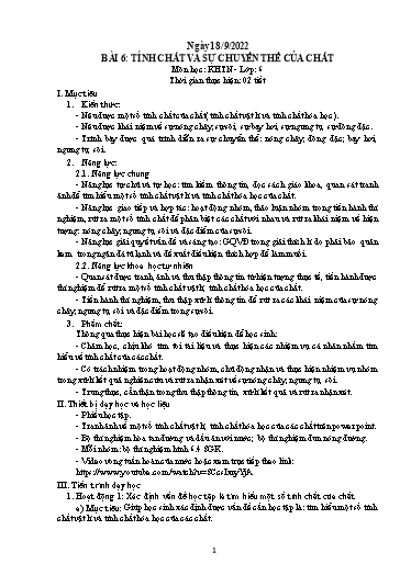 Kế hoạch bài dạy Khoa học tự nhiên 6 - Bài 6: Tính chất và sự chuyển thể của chất (2T) - Năm học 2022-2023 - Trường THCS Trần Kim Xuyến