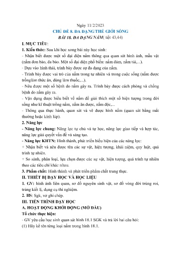 Kế hoạch bài dạy Khoa học tự nhiên 6 - Tiết 43+44, Bài 5: Đa dạng nấm - Năm học 2022-2023 - Trường THCS Trần Kim Xuyến