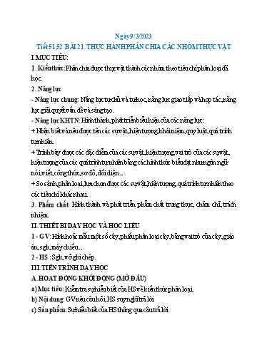 Kế hoạch bài dạy Khoa học tự nhiên 6 - Tiết 51+52, Bài 21: Thực hành phân chia các nhóm thực vật - Năm học 2022-2023 - Trường THCS Trần Kim Xuyến
