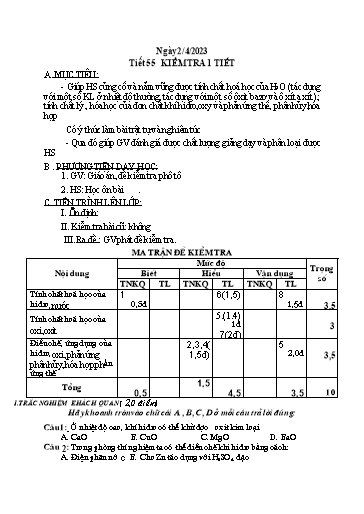 Kế hoạch bài dạy Khoa học tự nhiên 6 - Tiết 55+56 - Năm học 2022-2023 - Trường THCS Trần Kim Xuyến