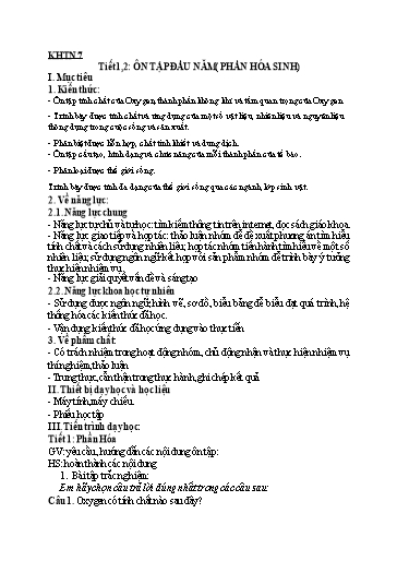 Kế hoạch bài dạy Khoa học tự nhiên 7 - Tiết 1+2: Ôn tập đầu năm (Phần hóa sinh) - Trường THCS Trần Kim Xuyến