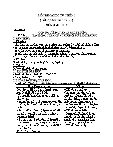 Kế hoạch bài dạy Khoa học tự nhiên (Sinh học) Lớp 9 - Tuần 29, Bài: Tác động của con người đối với môi trường - Hoàng Thị Chiến