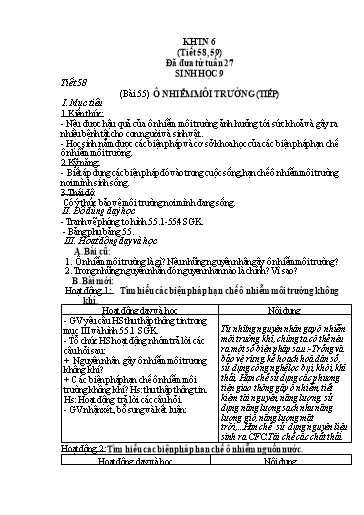 Kế hoạch bài dạy Khoa học tự nhiên (Sinh học) Lớp 9 - Tuần 29, Bài 55: Ô nhiễm môi trường (Tiếp) - Hoàng Thị Chiến