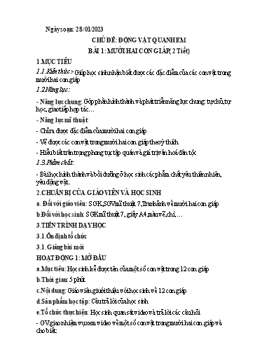 Kế hoạch bài dạy Mĩ thuật 7 - Bài 1: Mười hai con giáp (2T) - Năm học 2022-2023 - Nguyễn Quỳnh Chi