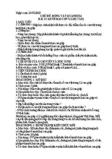 Kế hoạch bài dạy Mĩ thuật 7 - Bài 10: Mười hai con giáp (2T) - Năm học 2022-2023 - Nguyễn Quỳnh Chi