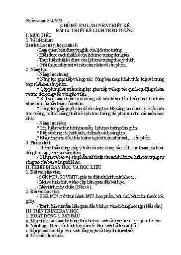 Kế hoạch bài dạy Mĩ thuật 7 - Bài 14: Thiết kế lịch treo tường - Năm học 2022-2023 - Trường THCS Trần Kim Xuyến