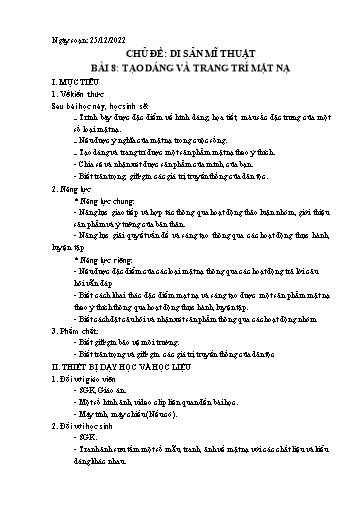 Kế hoạch bài dạy Mĩ thuật 7 - Bài 8: Tạo dáng và trang trí mặt nạ - Năm học 2022-2023 - Nguyễn Quỳnh Chi