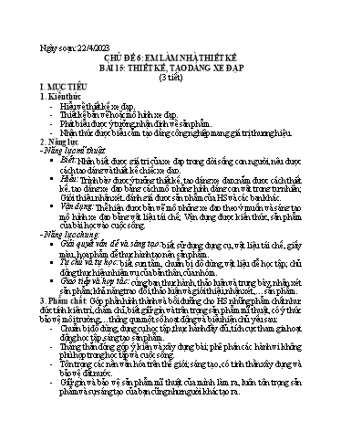 Kế hoạch bài dạy Mĩ thuật 7 - Chủ đề 6, Bài 15: Thiết kế, tạo dáng xe đạp - Năm học 2022-2023 - Trường THCS Trần Kim Xuyến