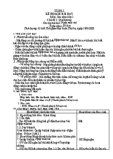Kế hoạch bài dạy môn Âm nhạc Lớp 2 - Tuần 2, Chủ đề 1 - Năm học 2023-2024 - Cao Thị Liễu