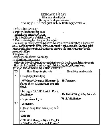 Kế hoạch bài dạy môn Âm nhạc Tiểu học - Tuần 32 - Năm học 2021-2022 - Cao Thị Liễu