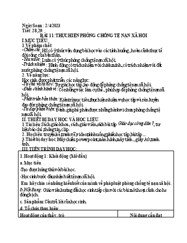 Kế hoạch bài dạy môn Giáo dục công dân 7 - Tiết 28, 29, Bài 11: Thực hiện phòng chống tệ nạn xã hội - Năm học 2022-2023- Trường THCS Trần Kim Xuyến