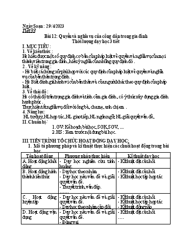 Kế hoạch bài dạy môn Giáo dục công dân 7 - Tiết 33, Bài 12: Quyền và nghĩa vụ của công dân trong gia đình (3T) - Năm học 2022-2023 - Hoàng Thị Hằng