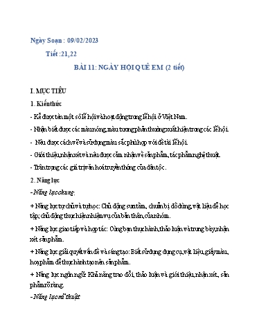 Kế hoạch bài dạy môn Nghệ thuật ( Mỹ thuật) 6 - Bài 11: Ngày hội quê em (2T) - Năm học 2022-2023 - Hoàng Thị Hằng