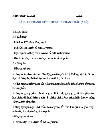 Kế hoạch bài dạy môn Nghệ thuật (Mỹ thuật) 6 - Bài 3: In tranh kết hợp nhiều bản khắc (2T) - Năm học 2022-2023 - Hoàng Thị Hằng