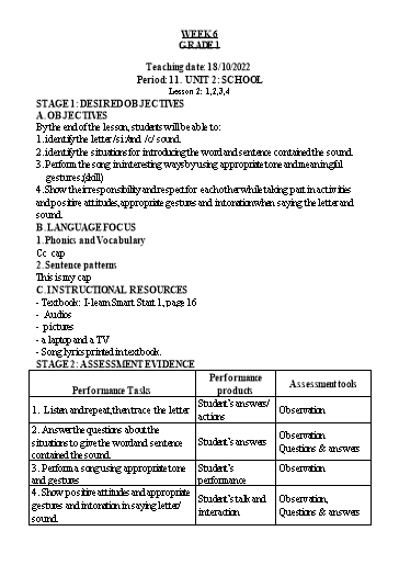 Kế hoạch bài dạy môn Tiếng Anh Lớp 1-5 - Tuần 6 - Unit 2: School, Lesson 2 - Năm học 2022-2023 - Phan Thị Thu Hiền - Phan Thị Phương Thanh