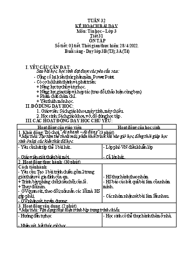 Kế hoạch bài dạy môn Tin học Lớp 3-5 - Tuần 32 - Năm học 2021-2022 - Võ Công Nguyên
