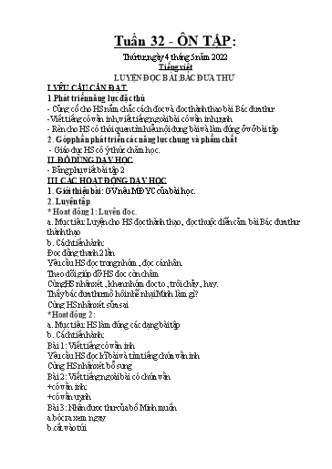 Kế hoạch bài dạy môn Toán + Tiếng Việt 1 - Tuần 32 - Năm học 2021-2022 - Trần Thị Hoài Nam