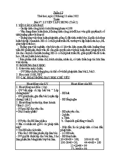 Kế hoạch bài dạy môn Toán + Tiếng Việt Lớp 2 - Tuần 12 - Năm học 2022-2023 - Đinh Thị Thể