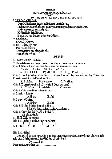 Kế hoạch bài dạy môn Toán + Tiếng Việt Lớp 2 - Tuần 23 - Năm học 2021-2022 - Đinh Thị Thể