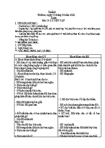 Kế hoạch bài dạy môn Toán + Tiếng Việt Lớp 2 - Tuần 8 - Năm học 2022-2023 - Đinh Thị Thể