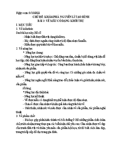 Kế hoạch bài dạy Mỹ thuật 7 - Chủ đề: Khám nguyên lí tạo hình, Bài 3: Vẽ mẫu có dạng khối trụ - Năm học 2022-2023 - Nguyễn Quỳnh Chi