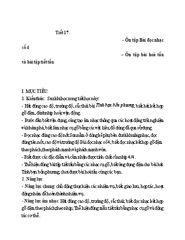 Kế hoạch bài dạy Nghệ thuật (Âm nhạc) Lớp 6 - Tuần 17, Tiết 17: Ôn tập Bài đọc nhạc số 4. Ôn tập bài hòa tấu và bài tập tiết tấu - Trường THCS Trần Kim Xuyến