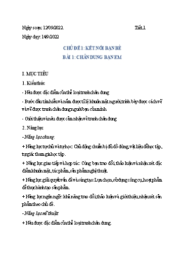 Kế hoạch bài dạy Nghệ thuật (Mĩ thuật) 6 - Tiết 1, Bài 1: Chân dung bạn em - Năm học 2022-2023 - Trường THCS Trần Kim Xuyến