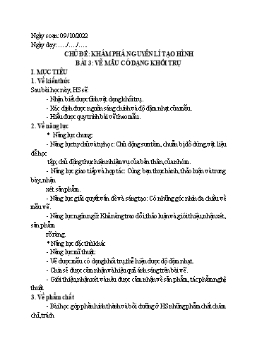Kế hoạch bài dạy Nghệ thuật (Mĩ thuật) 7 - Bài 3: Vẽ mẫu có dạng khối trụ - Năm học 2022-2023 - Trường THCS Trần Kim Xuyến