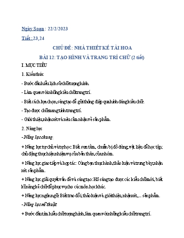 Kế hoạch bài dạy Nghệ thuật (Mỹ thuật) 6 - Bài 12: Tạo hình và trang trí chữ (2T) - Năm học 2022-2023 - Trường THCS Trần Kim Xuyến