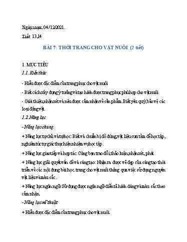 Kế hoạch bài dạy Nghệ thuật (Mỹ thuật) 7 - Bài 7: Trời trang cho vật nuôi (2T) - Năm học 2021-2022 - Trường THCS Trần Kim Xuyến