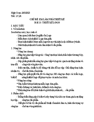 Kế hoạch bài dạy Nghệ thuật (Mỹ thuật) 7 - Chủ đề, Bài 13: Thiết kế Logo - Năm học 2022-2023- Trường THCS Trần Kim Xuyến