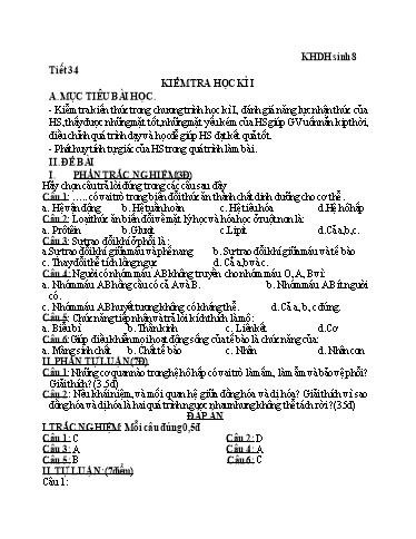 Kế hoạch bài dạy Sinh học 8+9 - Tuần 18 - Trường THCS Trần Kim Xuyến