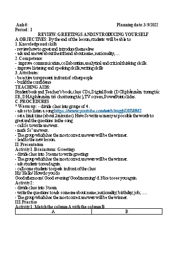 Kế hoạch bài dạy Tiếng Anh 6 - Review: Greetings and introducing yourself - Năm học 2022-2023 - Trường THCS Trần Kim Xuyến