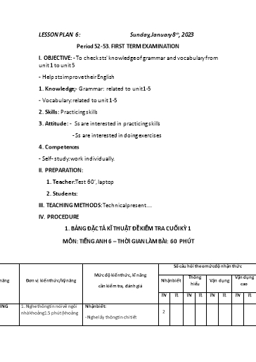 Kế hoạch bài dạy Tiếng Anh 6 - Tiết 52+53: First term examination - Năm học 2022-2023 - Trường THCS Trần Kim Xuyến