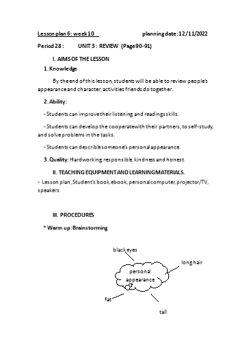 Kế hoạch bài dạy Tiếng Anh 6 - Tuần 10, Unit 3: Review - Năm học 2022-2023 - Trường THCS Trần Kim Xuyến